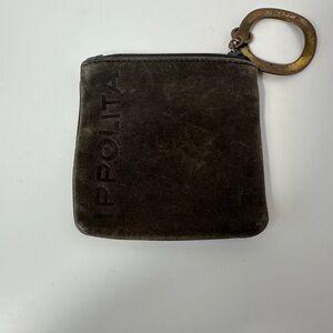 Ippolita Brown Suede Mini Coin Purse Pouch Brass Logo Keychain Keyring